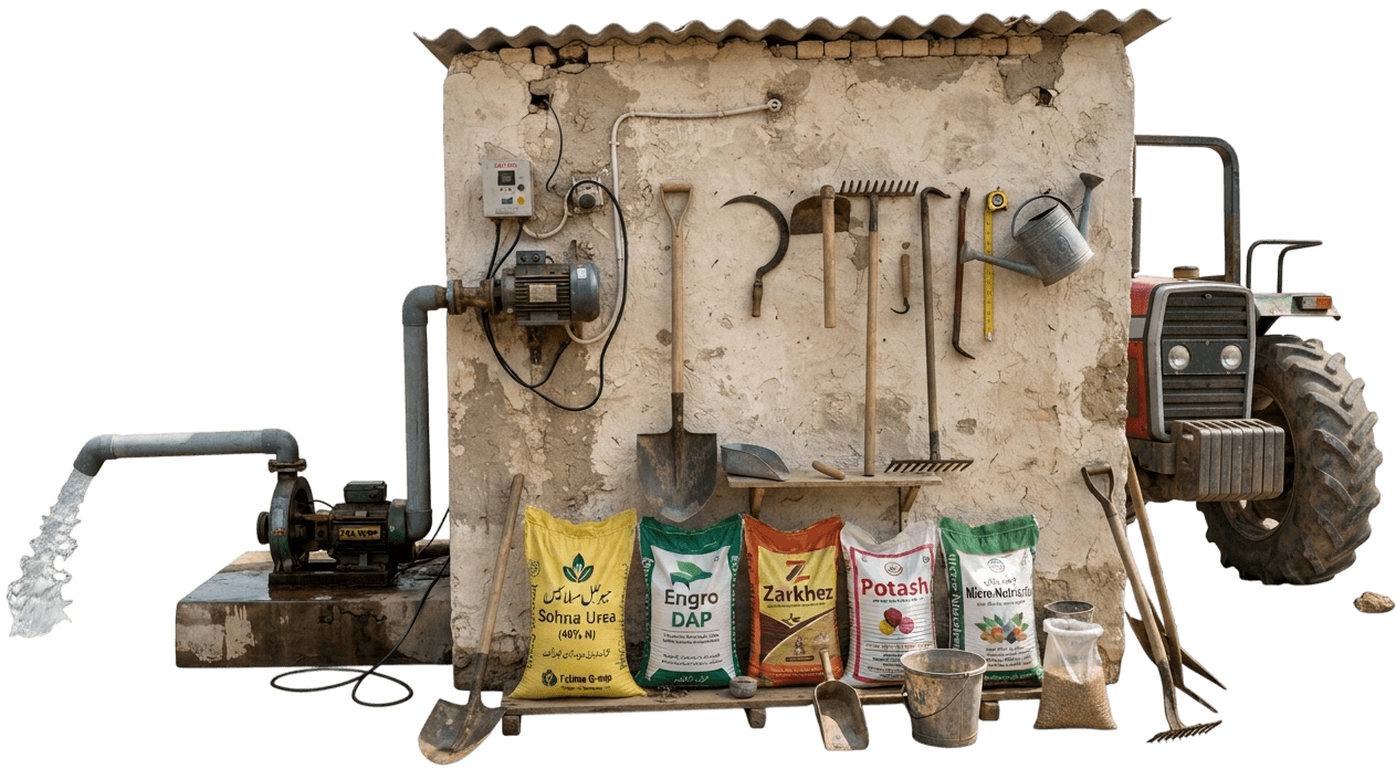 Tools, water, and supplies used in agricultural work